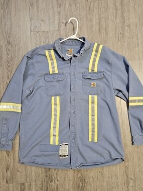 Carhartt Light Blue FR Work Shirt with Yellow Reflective Stripes Size Large